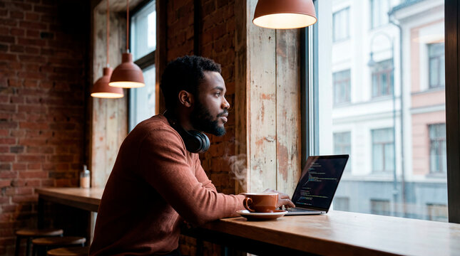 Pensive young man with headphones looking out window while coding in cafe