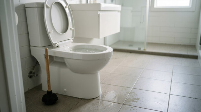 Clogged white toilet overflowing with water in a modern bathroom. Broken plumbing fixture with a plunger and water puddles on the tiled floor. Household maintenance emergency concept
