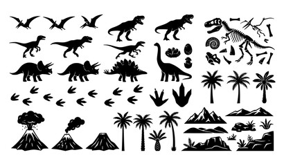 Prehistoric Dinosaur Silhouette Collection with Volcano Palm Trees Fossils Footprints and Ancient Landscape Elements © Boloram