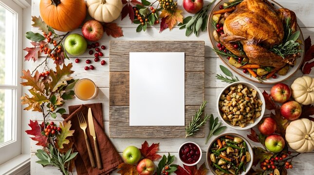 Thanksgiving dinner table with blank menu card and roasted turkey on rustic wooden background