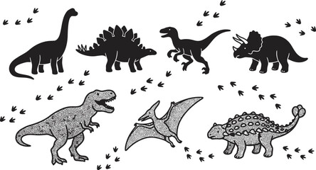 Set of Dinosaur Silhouettes Vector Collection with Black Prehistoric Animal Icons for Wildlife Nature Design Illustration © BipashaSketches 