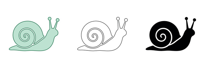 Simple snail icons in outline, silhouette, and filled styles on white background © Ophelia