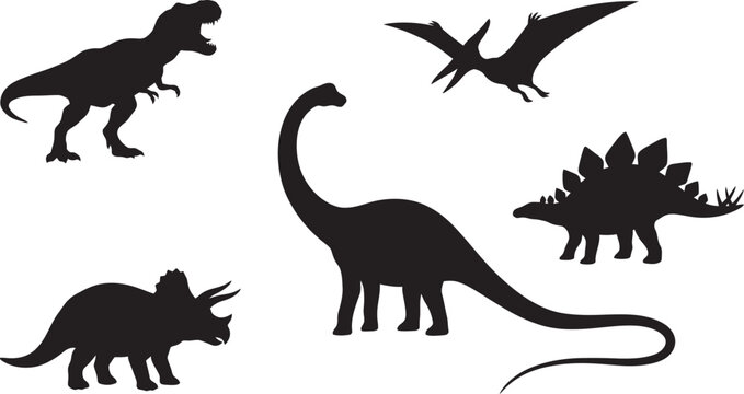 Set of Dinosaur Silhouettes Black Vector Illustration with Jurassic Animal Icons Wild Reptile Outline Cartoon Design for Nature and Wildlife Collection