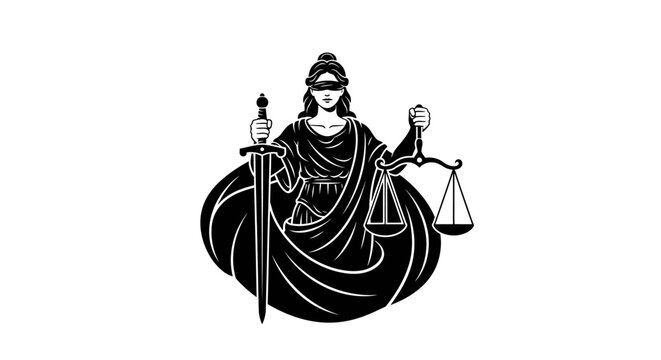 Black and white illustration of Lady Justice holding a sword and scales of justice.