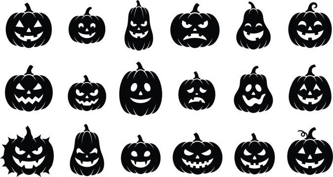 Set of black halloween pumpkin silhouettes with scary and funny faces for holiday design
