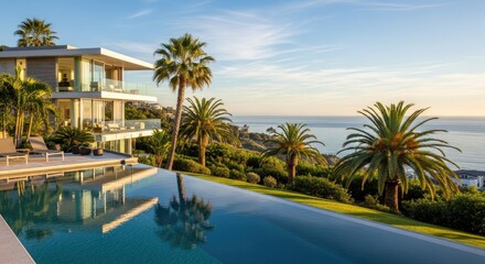 Fototapeta premium Luxury villa with infinity pool overlooking ocean and palm trees