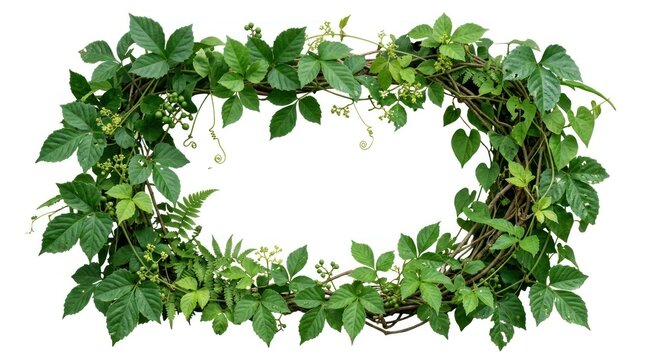 A frame made of green vine leaves, creating a decorative archway. The leaves are lush and vibrant, forming a natural border around an empty space, likely intended for a photo or display.