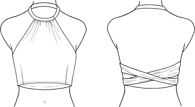 Vector fashion flat sketch of women halter neck crop top with gathered front, criss cross tie back, trendy summer clothing template