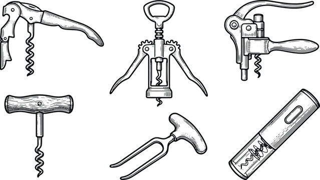 Vintage engraved illustration collection of corkscrews wine openers and bottle opening tools set
