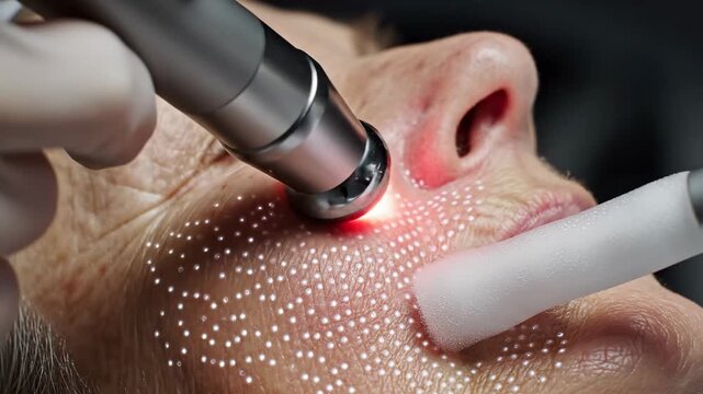 Advanced Skin Rejuvenation: Close-up of a senior woman receiving fractional laser therapy with red light and grid pattern on her cheek, ideal for dermatology clinics and anti-aging treatment.