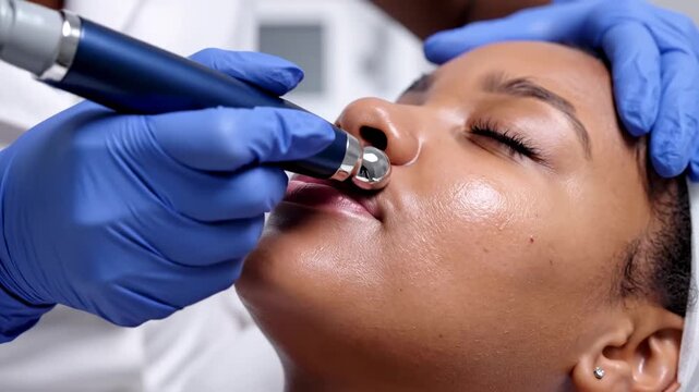 Professional Facial Treatment for Black Woman with Metal Roller Device Ideal for Skincare Clinics and Beauty Spa Marketing.