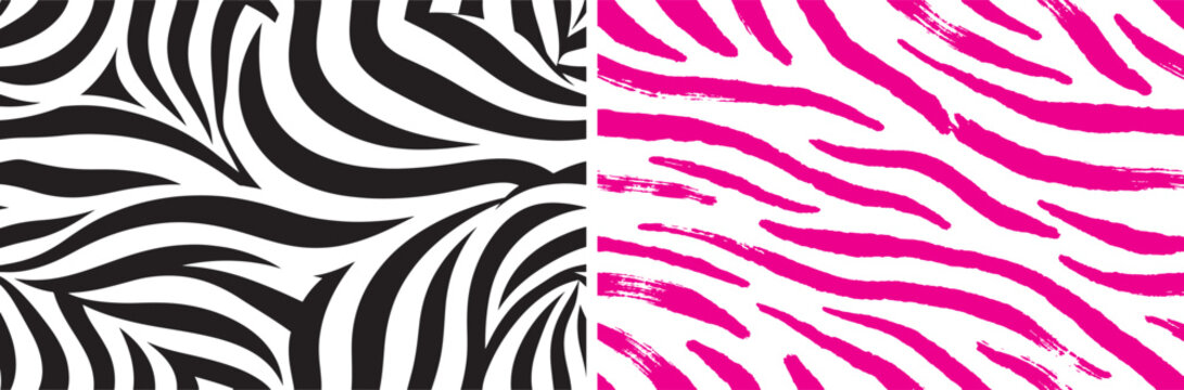 Seamless zebra stripe pattern set with black and pink animal print textures for fashion and textile design