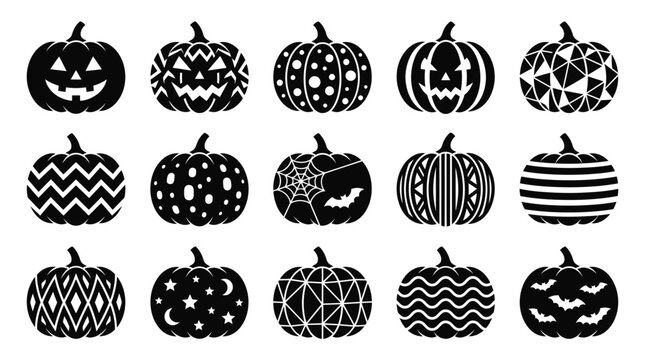 Set of fifteen black pumpkin icons with various decorative patterns for halloween celebration