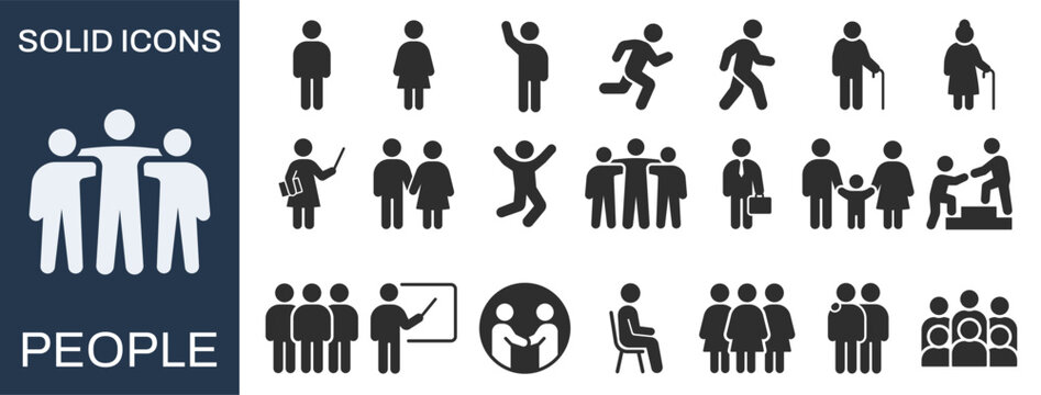 People silhouette icons. Representing human figures, family, teamwork, community and social interaction in solid style.