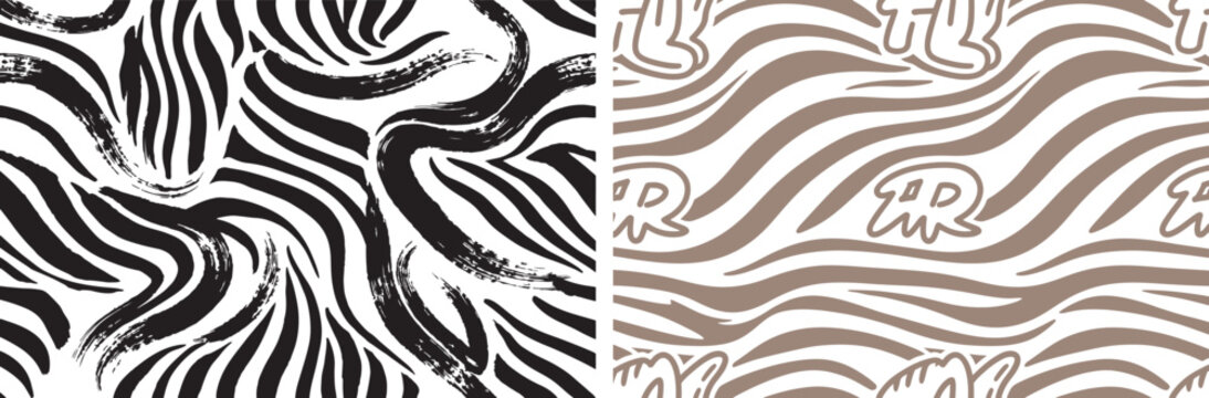 Vector seamless pattern set with black brush stroke zebra stripes and brown wavy lines for textile and fabric design