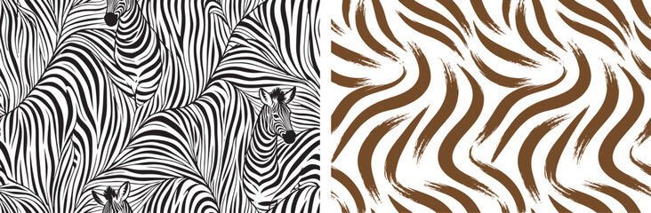 Zebra animal print seamless pattern vector set featuring black and white camouflage stripes and brown brushstroke texture for textile design © reza