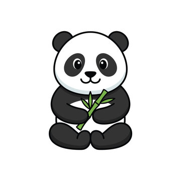 Cute panda bear sitting and holding bamboo stalk isolated on white.