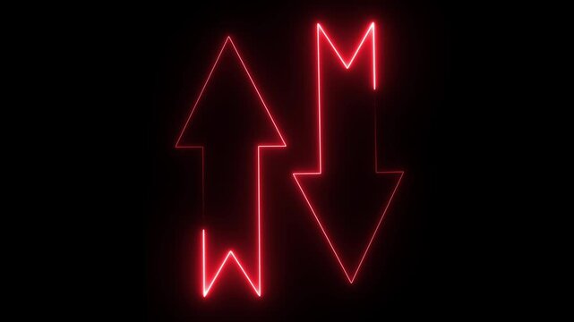 A glowing red neon arrow graphic often used for directional signs, digital interfaces, or financial fluctuation visualizations.
