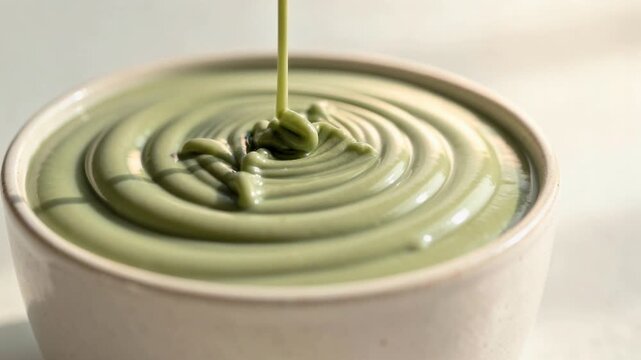 Close up of creamy green matcha tea latte being poured in white cup with smooth texture