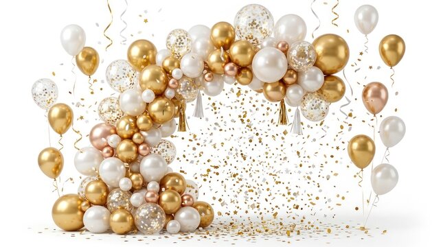 A vibrant scene showcasing a festive balloon arch adorned with gold and pearl balloons, set against a white backdrop with golden confetti falling, celebrating a joyous event or birthday party.