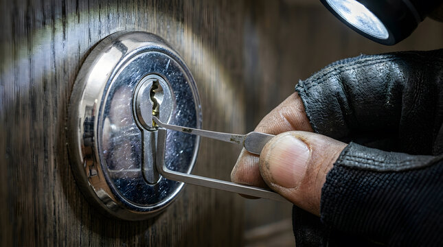 Close-up of a burglar's gloved hand using lock picking tools to break into a house at night, illuminated by a flashlight. Professional criminal at work on a wooden door lock cylinder.