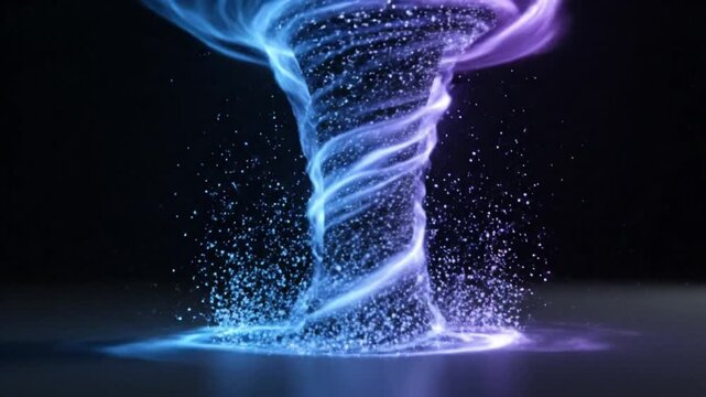 A mesmerizing digital rendering of a glowing blue and purple particle vortex swirling upwards from a dark surface.