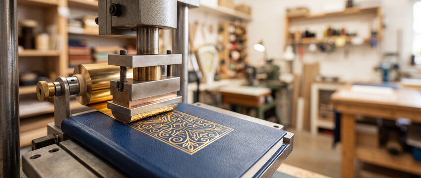 Gold foil embossing on leather book cover with hot press in bookbinding workshop
