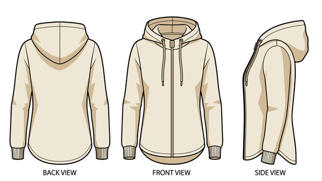 Vector. Women's beige zip hoodie with curved hem (back, front and side)