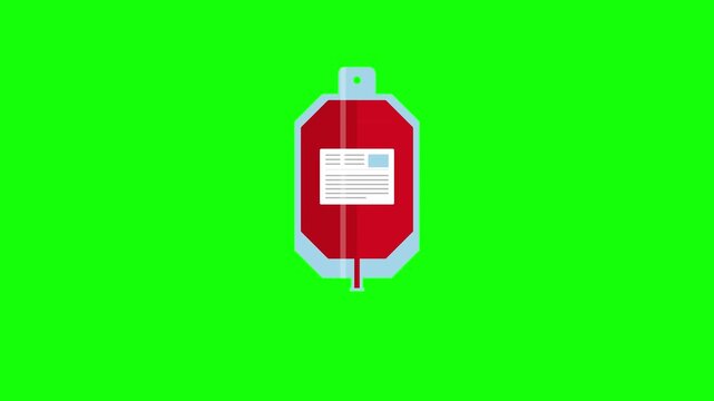 Animated blood bag donation dripping on green screen background