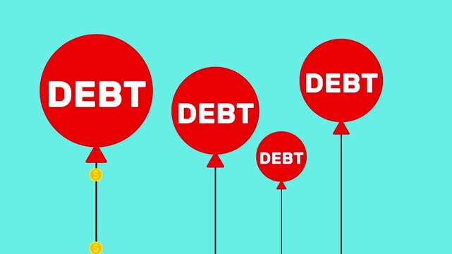 businessman is using a pump to inflate red balloons labeled DEBT cartoon animation