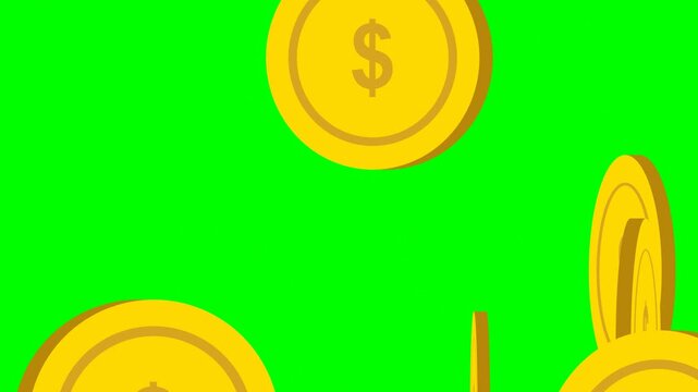 Gold dollar coins falling and spinning on green screen background