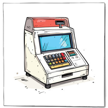 Vintage cartoon style electronic cash register illustration.