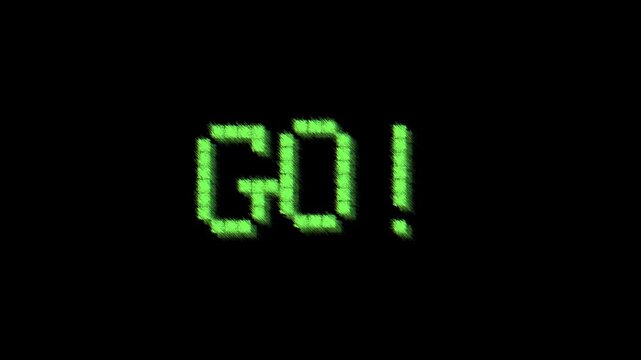 3 2 1 go countdown animation with digital dot style on transparent background, 321 go counter time limit animated on black background.