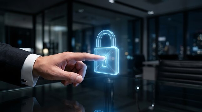Businessman hand touching a glowing blue padlock representing digital security and data protection in a dark modern office environment at night