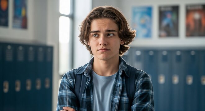Skeptical teenager with arms crossed in school hallway. Young boy with wavy hair displays uncertainty while standing near lockers. Concept of teenage emotions and challenges in school.