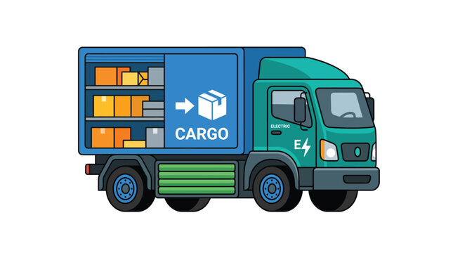 Electric cargo truck icon showing open side loading area filled with packages against a solid white background isolated