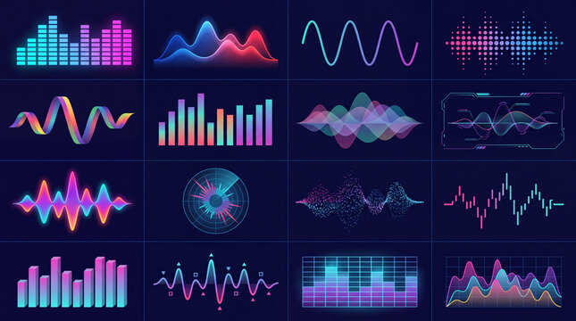 Audio Waveform and Sound Wave Icon Collection Grid Neon Colors Dark Background