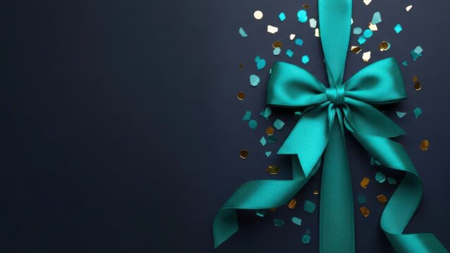 Elegant teal ribbon bow with festive confetti on dark background