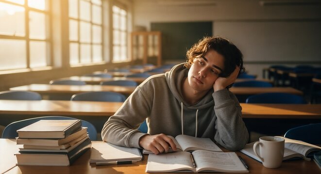 Sleepy student studying in classroom with books and coffee, looking tired while preparing for exams. Sleepy student surrounded by textbooks and natural light,