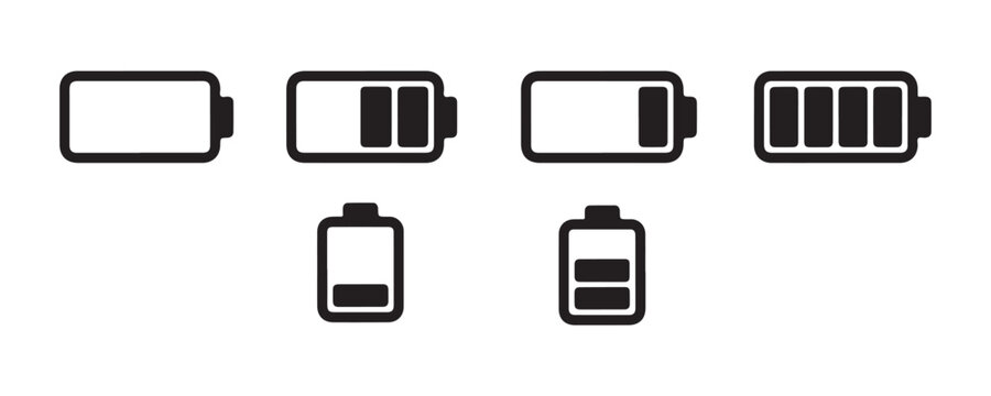 Battery charge level indicators set showing empty half and full status for mobile device interface.
