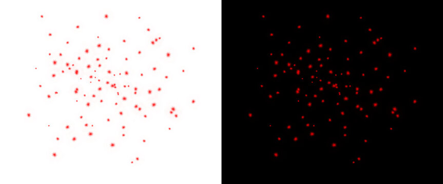 Red glitter confetti spray on white and black background, festive sparkling dust particles, shimmering ruby sequins for holiday celebration design