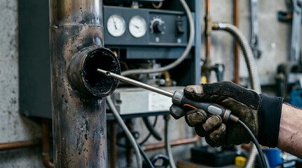 Fototapeta premium Professional HVAC technician performing flue gas analysis and maintenance on a dirty furnace exhaust pipe with soot buildup, using an inspection tool in a domestic boiler room environment.