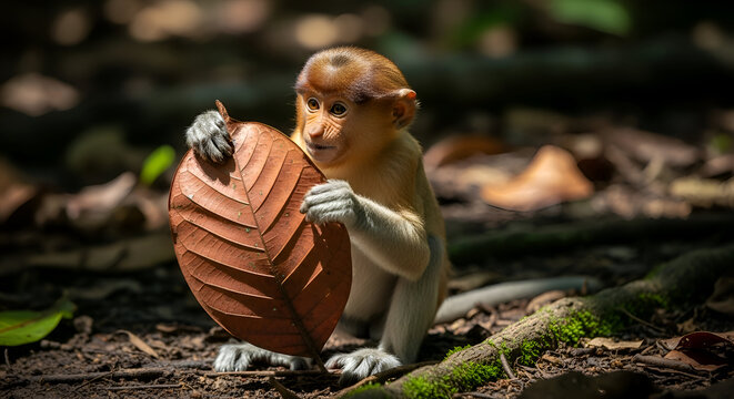 Young proboscis monkey holding a large seed pod in a forest