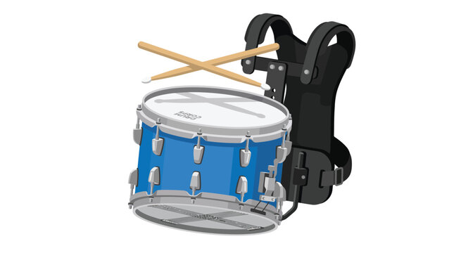 Blue marching snare drum with harness and crossed drumsticks isolated on a white background for musical performance