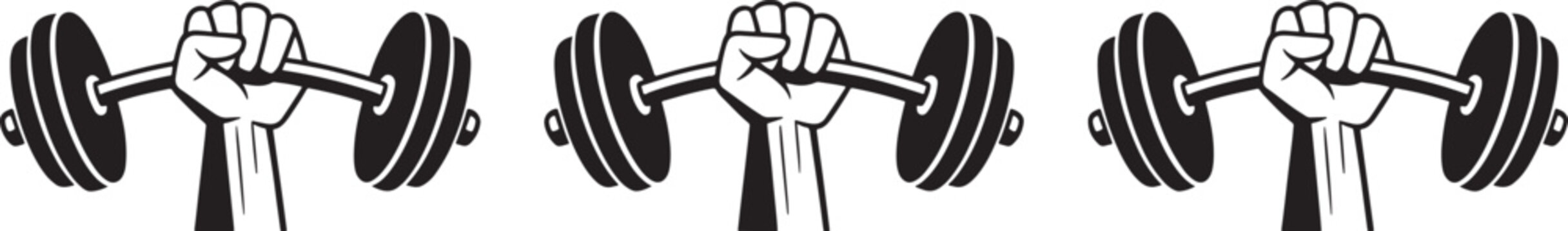 holding a barbell icon set, black and white dumbbell icon set with fists