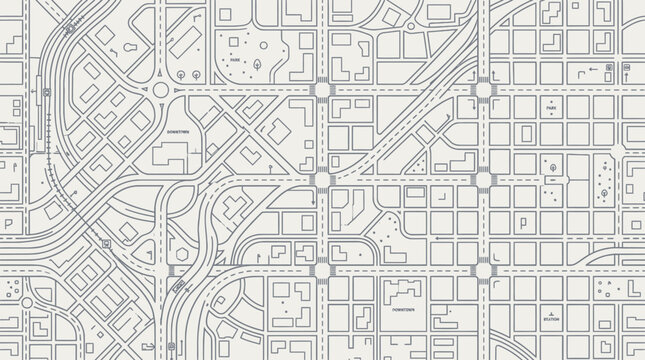 Abstract top down view of a modern city street map layout.