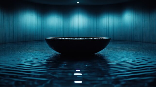 A serene bowl sits in a dimly lit room with rippling water on the floor