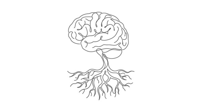 A minimalist line art illustration of a human brain growing from tree roots.