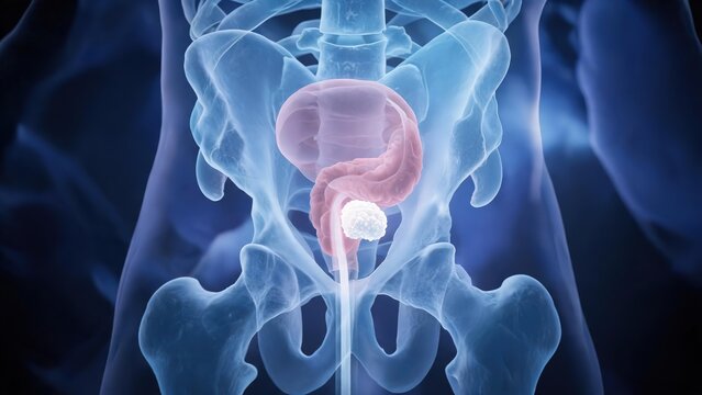 Urology anatomical illustration showing malignant lesions of prostate and bladder cancer, pelvic radiology drawing for clinical oncology diagnosis and early tumor screening research