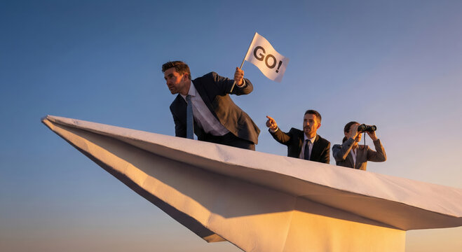 Business Team Riding a Paper Plane Searching for Innovative Solutions and Future Goals